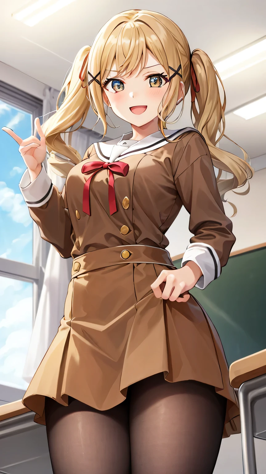 {{{masterpiece}}}, (best quality:1.5), (ultra-detailed:1.5), {illustration}, {{an extremely delicate and beautiful}}, (beautiful detailed eyes:1.6), absurdres, highres, extremely detailed face, 16k, hd, visual anime de uma jovem mulher, extremamente bonito rosto de anime, anime melhor garota, (perfect hands, perfect anatomy), anime face, Arisa Ichigaya(BanG Dream!), 1girl, solo, cute face, long hair, blonde hair, twintails, bangs, x hair ornament, (brown eyes:1.4), medium breasts, thin waist, big hips, curvaceous, BREAK, {school uniform}, {Hanasakigawa Girls' Academy High School Uniform(Winter clothes)}, neck ribbon, red ribbon, brown dress, white sailor collar, brown shirt, double-breasted, long sleeves, brown skirt, mini skirt, black pantyhose, loafers, brown footwear, thighs, zettai ryouiki, BREAK,1girl, cowboy shot, open mouth, kyoushitsu, classroom, indoors, school chair, school desk, chalkboard, window, ceiling light, curtains, smiling, peer in from below, looking at viewer, daytime, flushed cheeks