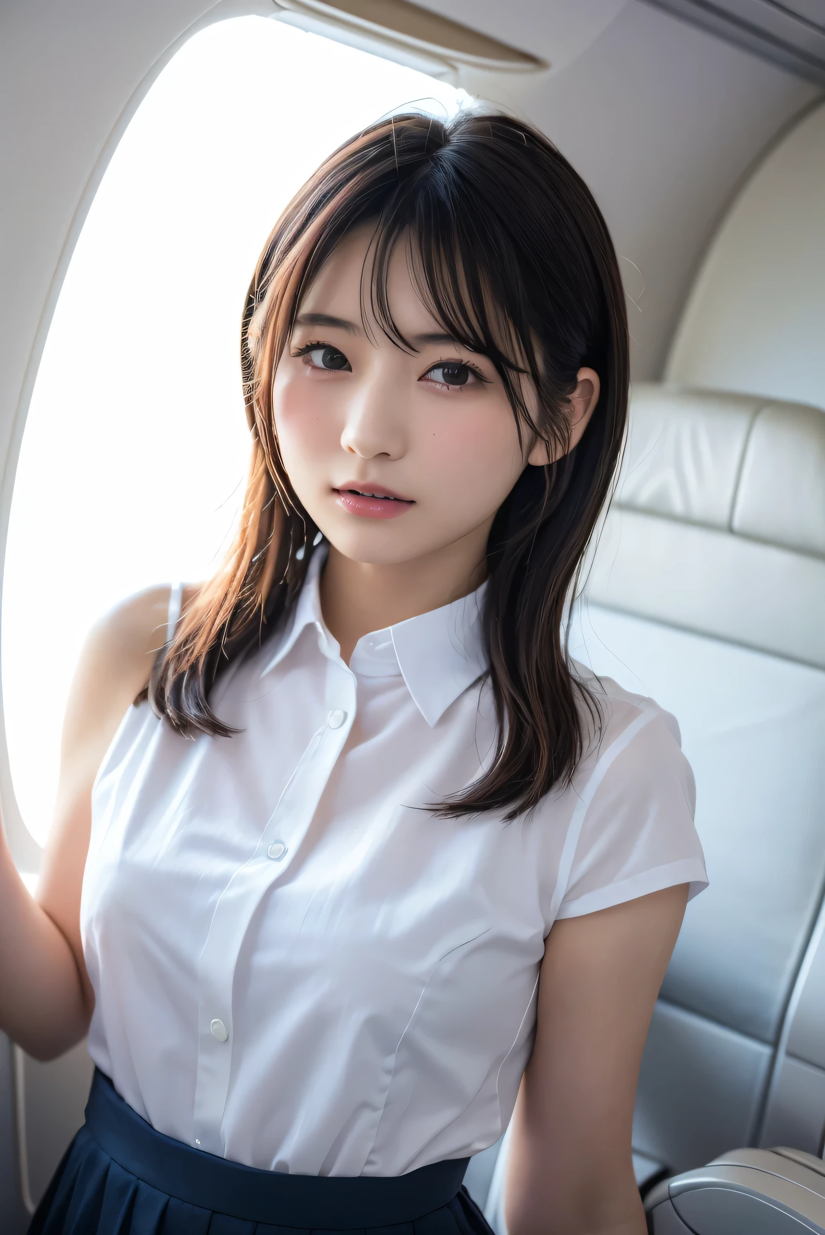 (8k, RAW photo,Best Quality, high resolution:1.1), (超Realisticな:1.4),(Realistic, Realistic:1.3),The beauty of Japan、1 18-year-old Japanese girl , skinny Japan lady, Beautiful Face, Symmetrical eyes, small breasts, Thin Waist, Perfect body proportions, ( stewardess uniform,suit:1.3), Viewer Perspective, (In-flight: 1.2), Front View, Shoulder jump, Absolute territory (1.3),(( upper body:1.3))、Put your hands behind your back,clear、Idol、j-pop,k-pop,