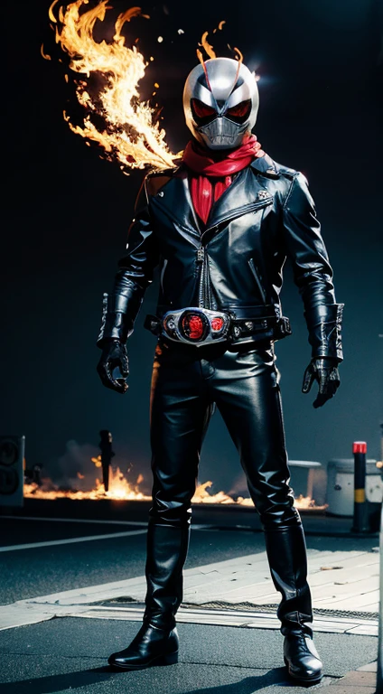 ((kamen rider, shinkr, ghostrider, wearing leather jacket, leather pants)), (burning head), kamen, (standing), full body detailed, detailed hands, good fingers, good hands, good legs, red scarf, low hood, ((epic burning city)), ruins, floating, explosion, debris, some fire and glitter background, ultra hd, ultra realistic texture, (flare lens:1.2), (long shot:0.9)