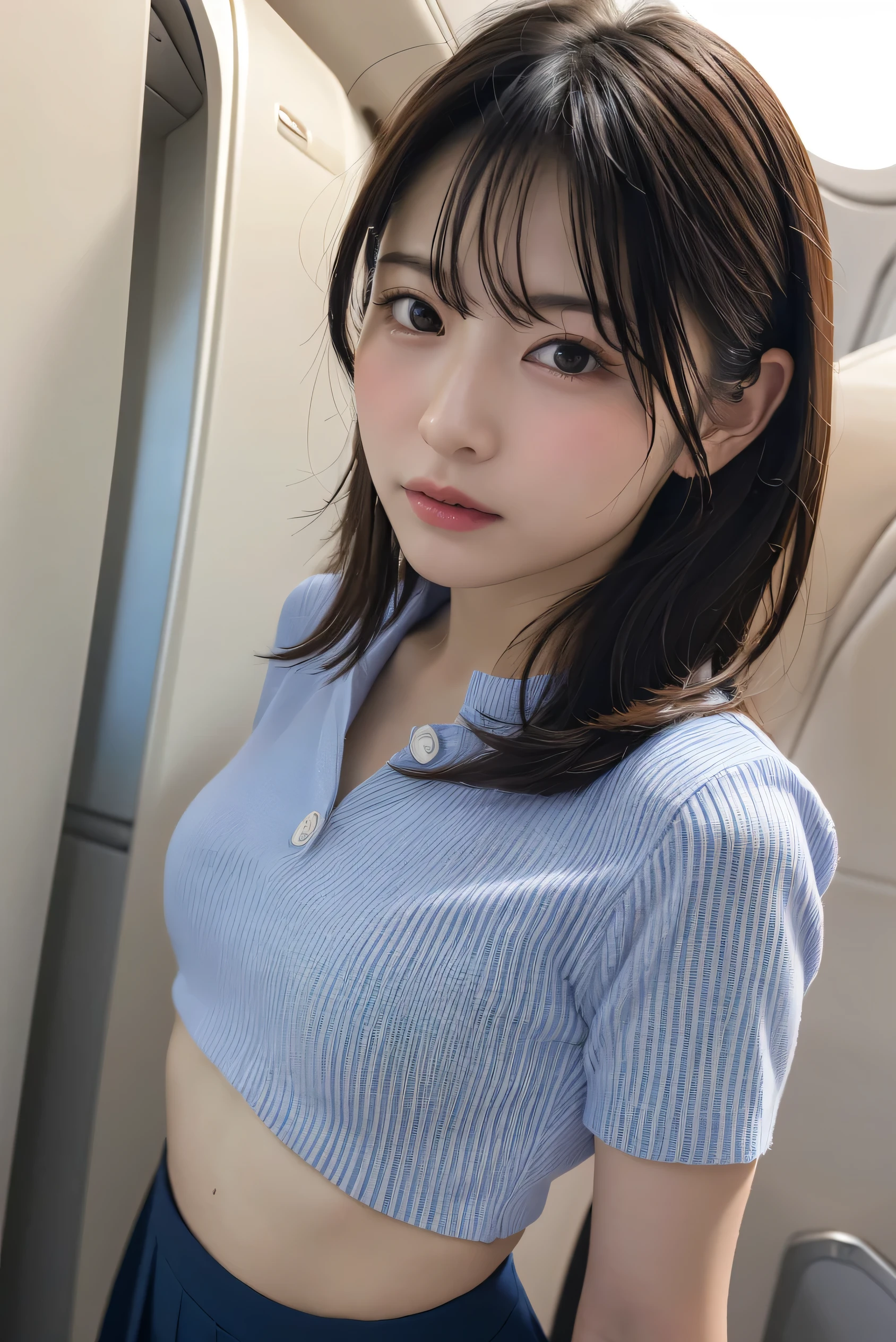 (8k, RAW photo,Best Quality,  high resolution:1.1), (超Realisticな:1.4),(Realistic, Realistic:1.3),The beauty of Japan、1 18-year-old Japanese girl ,  skinny Japan lady, Beautiful Face, Symmetrical eyes,  small breasts,  Thin Waist,  Perfect body proportions, （ stewardess uniform,suit:1.3）, Viewer Perspective, (In-flight: 1.2), Front View, Shoulder jump, Absolute territory (1.3),(( upper body:1.3))、Put your hands behind your back,clear、Idol、j-pop,k-pop,