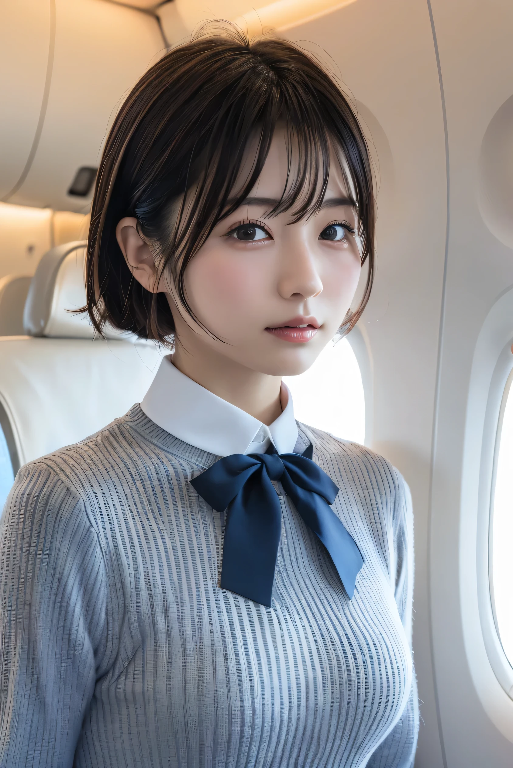 (8k, RAW photo,Best Quality, high resolution:1.1), (超Realisticな:1.4),(Realistic, Realistic:1.3),The beauty of Japan、1 18-year-old Japanese girl , skinny Japan lady, Beautiful Face, Symmetrical eyes, small breasts, Thin Waist, Perfect body proportions, ( stewardess uniform,suit:1.3), Viewer Perspective, (In-flight: 1.2), Front View, Shoulder jump, Absolute territory (1.3),(( upper body:1.3))、Put your hands behind your back,clear、Idol、j-pop,k-pop,