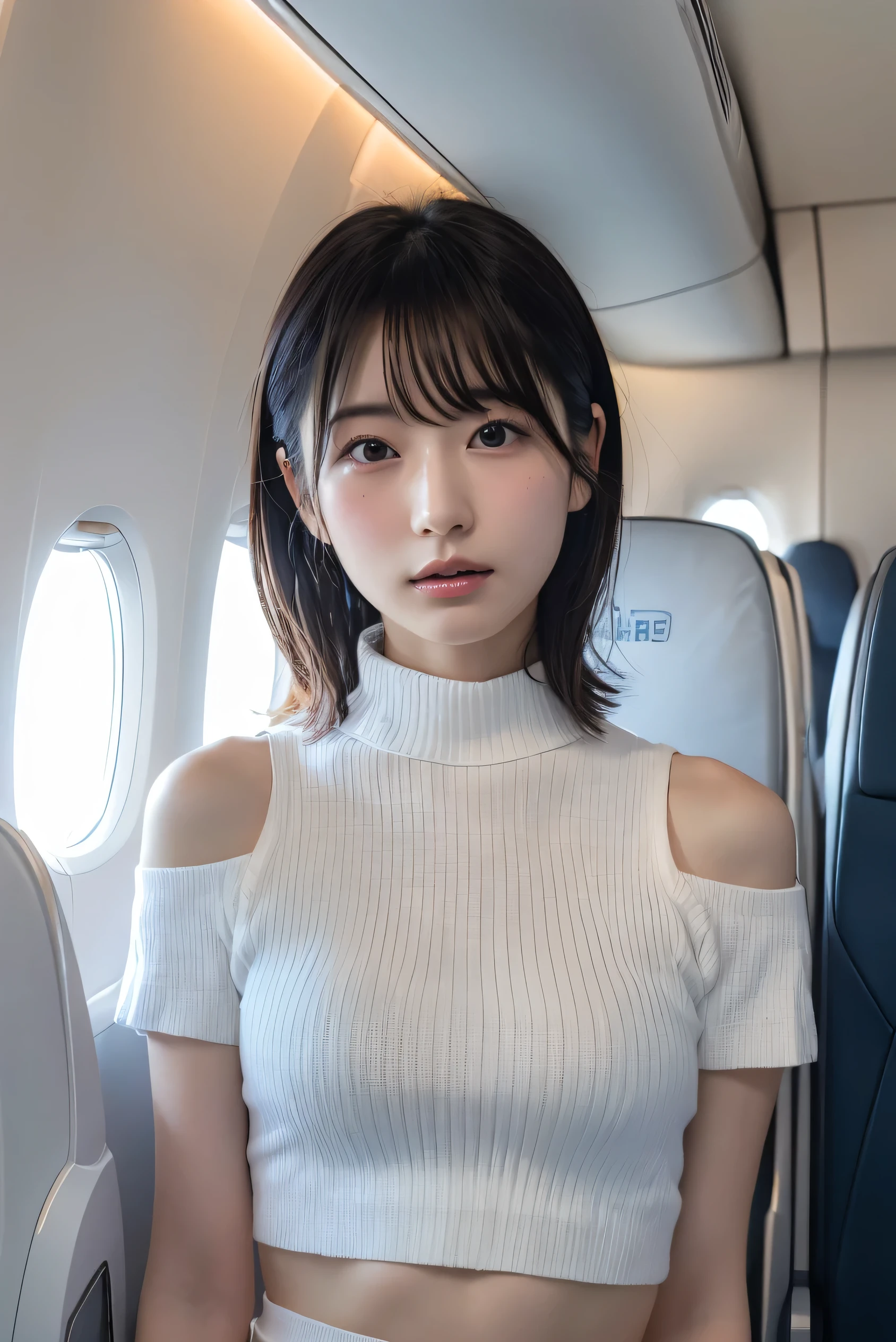 (8k, RAW photo,Best Quality, high resolution:1.1), (超Realisticな:1.4),(Realistic, Realistic:1.3),The beauty of Japan、1 18-year-old Japanese girl , skinny Japan lady, Beautiful Face, Symmetrical eyes, small breasts, Thin Waist, Perfect body proportions, ( stewardess uniform, Turtleneck:1.3), Viewer Perspective, (In-flight: 1.2), Front View, Shoulder jump, Absolute territory (1.3),(( upper body:1.3))、Put your hands behind your back,clear、Idol、j-pop,k-pop,