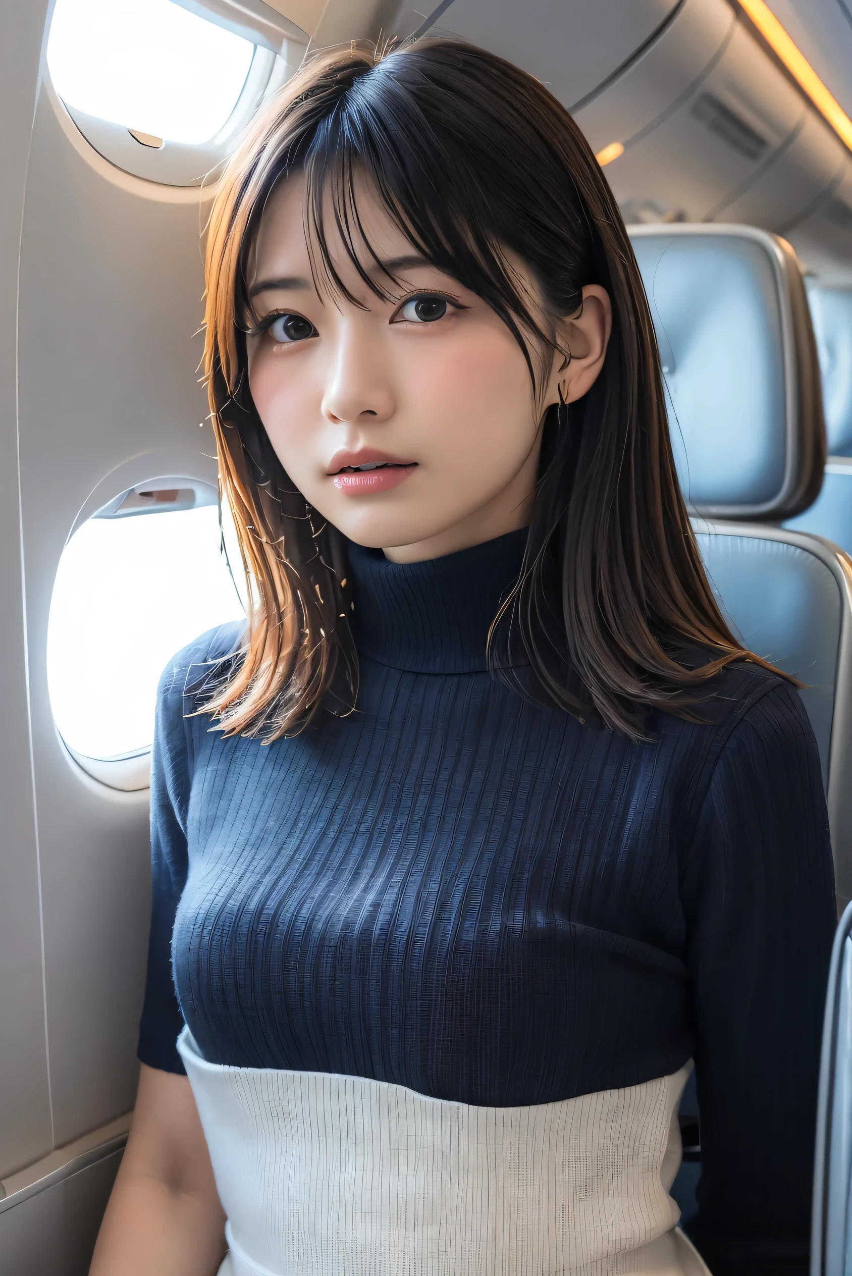 (8k, RAW photo,Best Quality, high resolution:1.1), (超Realisticな:1.4),(Realistic, Realistic:1.3),The beauty of Japan、1 18-year-old Japanese girl , skinny Japan lady, Beautiful Face, Symmetrical eyes, small breasts, Thin Waist, Perfect body proportions, ( stewardess uniform, Turtleneck:1.3), Viewer Perspective, (In-flight: 1.2), Front View, Shoulder jump, Absolute territory (1.3),(( upper body:1.3))、Put your hands behind your back,clear、Idol、j-pop,k-pop,