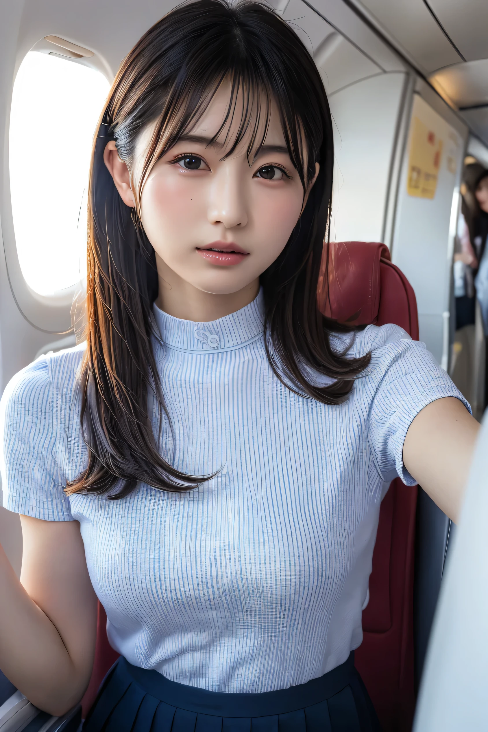 (8k, RAW photo,Best Quality, high resolution:1.1), (超Realisticな:1.4),(Realistic, Realistic:1.3),The beauty of Japan、1 18-year-old Japanese girl , skinny Japan lady, Beautiful Face, Symmetrical eyes, small breasts, Thin Waist, Perfect body proportions, ( stewardess uniform,suit:1.3), Viewer Perspective, (In-flight: 1.2), Front View, Shoulder jump, Absolute territory (1.3),(( upper body:1.3))、Put your hands behind your back,clear、Idol、j-pop,k-pop,
