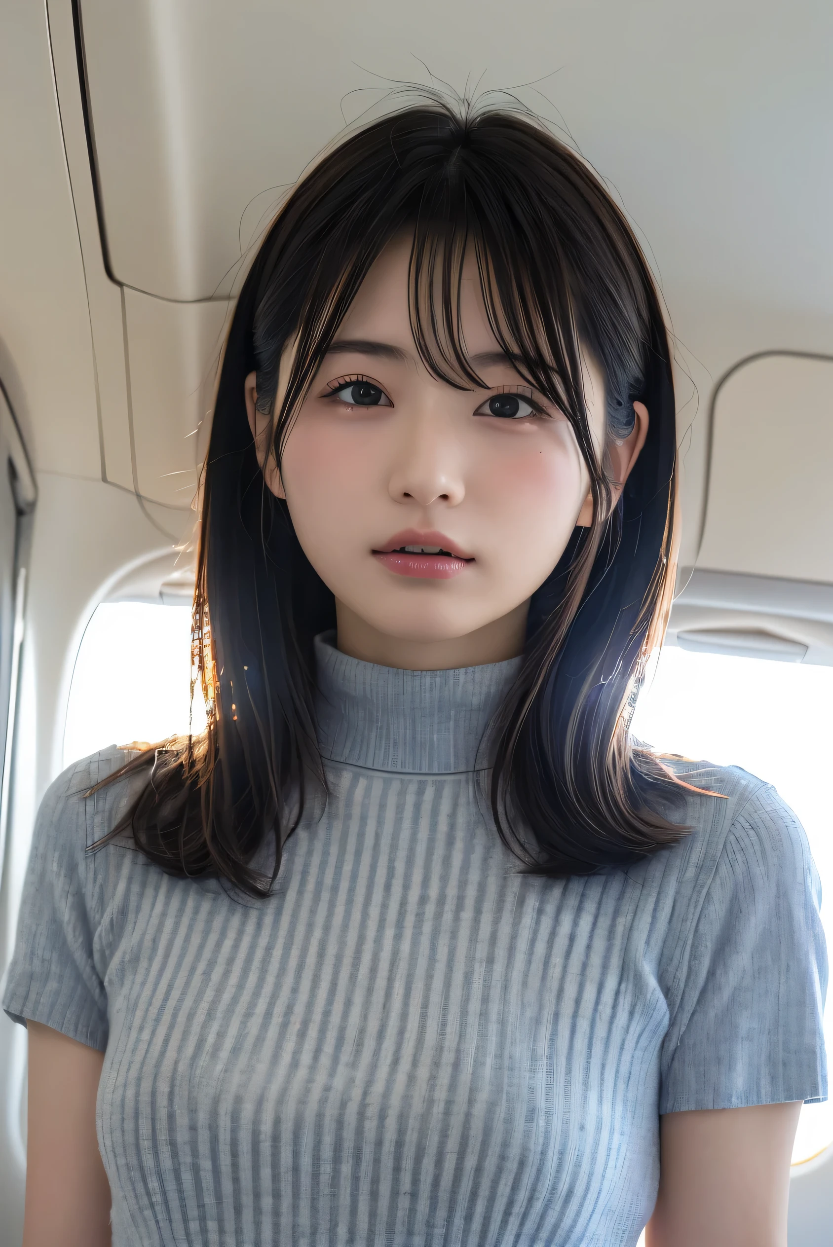 (8k, RAW photo,Best Quality, high resolution:1.1), (超Realisticな:1.4),(Realistic, Realistic:1.3),The beauty of Japan、1 18-year-old Japanese girl , skinny Japan lady, Beautiful Face, Symmetrical eyes, small breasts, Thin Waist, Perfect body proportions, ( stewardess uniform, Turtleneck:1.3), Viewer Perspective, (In-flight: 1.2), Front View, Shoulder jump, Absolute territory (1.3),(( upper body:1.3))、Put your hands behind your back,clear、Idol、j-pop,k-pop,
