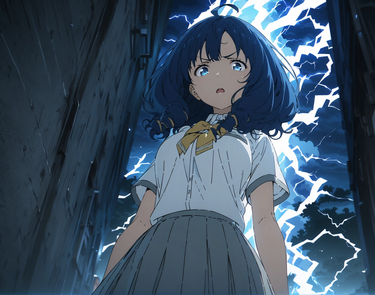 yanamianna, medium hair, ahoge,blue hair,blue eyes, medium breasts, serious face, open mouth, school uniform, gray skirt, standing, looking down, looking viewer, night, sky, lightning, looking viewer, full-body shot, best quality, high quality, ultra-detailed, high resolution, best quality, detailed background, super detailed, detailed shading, solo, alone, detailed lightning, 