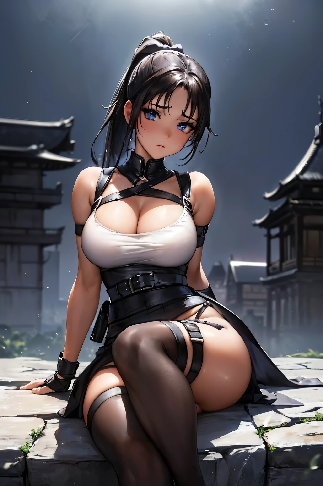 Beautiful kunoichi ready for battle wearing intricate white Ninja armor,, lounging in the doorway, (katana on hand),trending on artstation, Sharp focus,, Intricate details, Highly detailed, playful smile, parted lips, full lips, intricate face details, looking at the viewer, laughing at the viewer, Curvy physique, (Slim body), model in Japan，((Sexual suggestiveness))， at the palace，vibrant, 4K, Intricate details, big breasts, enchanting, Professional manufacturing, 12k resolution,。.3D, full body shot, Highly detailed, vibrant, Ultra high quality, hyper photorealism, Photorealism, rendering by octane], seductive standing pose, whole body in frame, A view from above
