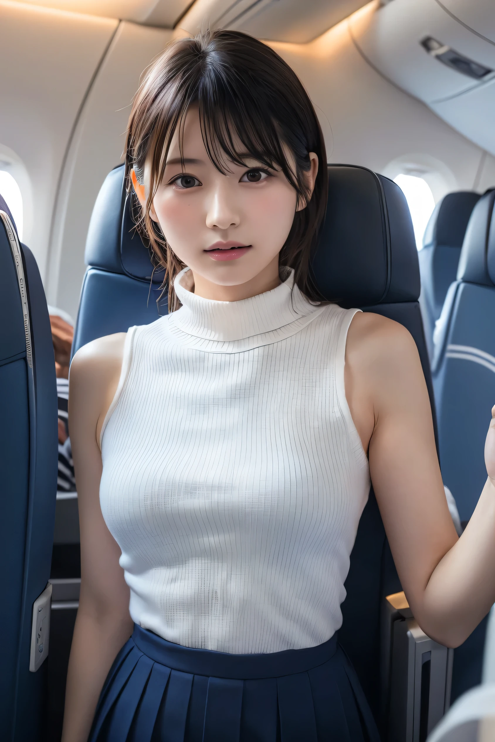(8k, RAW photo,Best Quality, high resolution:1.1), (超Realisticな:1.4),(Realistic, Realistic:1.3),The beauty of Japan、1 18-year-old Japanese girl , skinny Japan lady, Beautiful Face, Symmetrical eyes, small breasts, Thin Waist, Perfect body proportions, ( stewardess uniform, Turtleneck:1.3), Viewer Perspective, (In-flight: 1.2), Front View, Shoulder jump, Absolute territory (1.3),(( upper body:1.3))、Put your hands behind your back,clear、Idol、j-pop,k-pop,