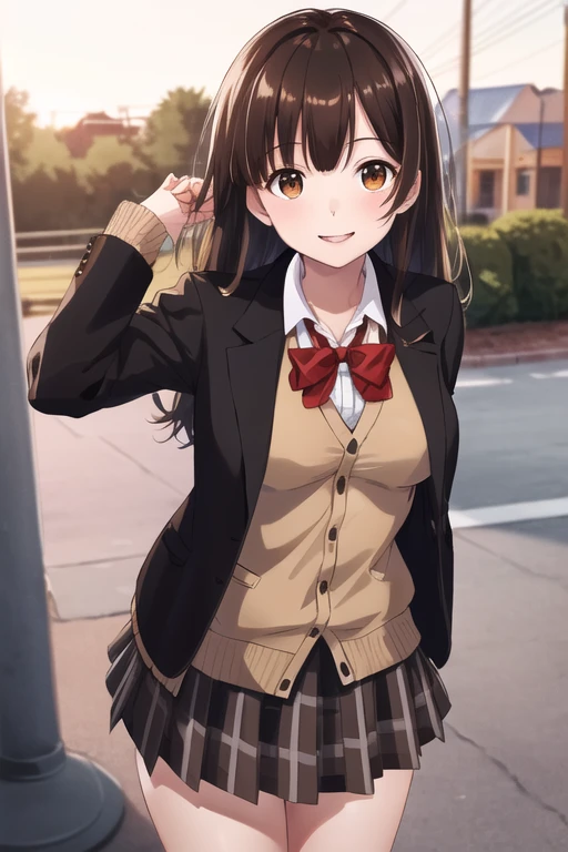 masterpiece, Best Quality,  high resolution,  1 girl, Brown Hair, Long Hair, bangs,  Brown Eyes , medium breasts,  red ribbon,  school uniform ,  black jacket,  jacket that makes you pull your shoulders out,  brown cardigan,  white shirt,  Black Skirt ,  Plaid Skirt , smile,  opens her mouth,  cross your arms behind your back, Leaning forward, amusement park,