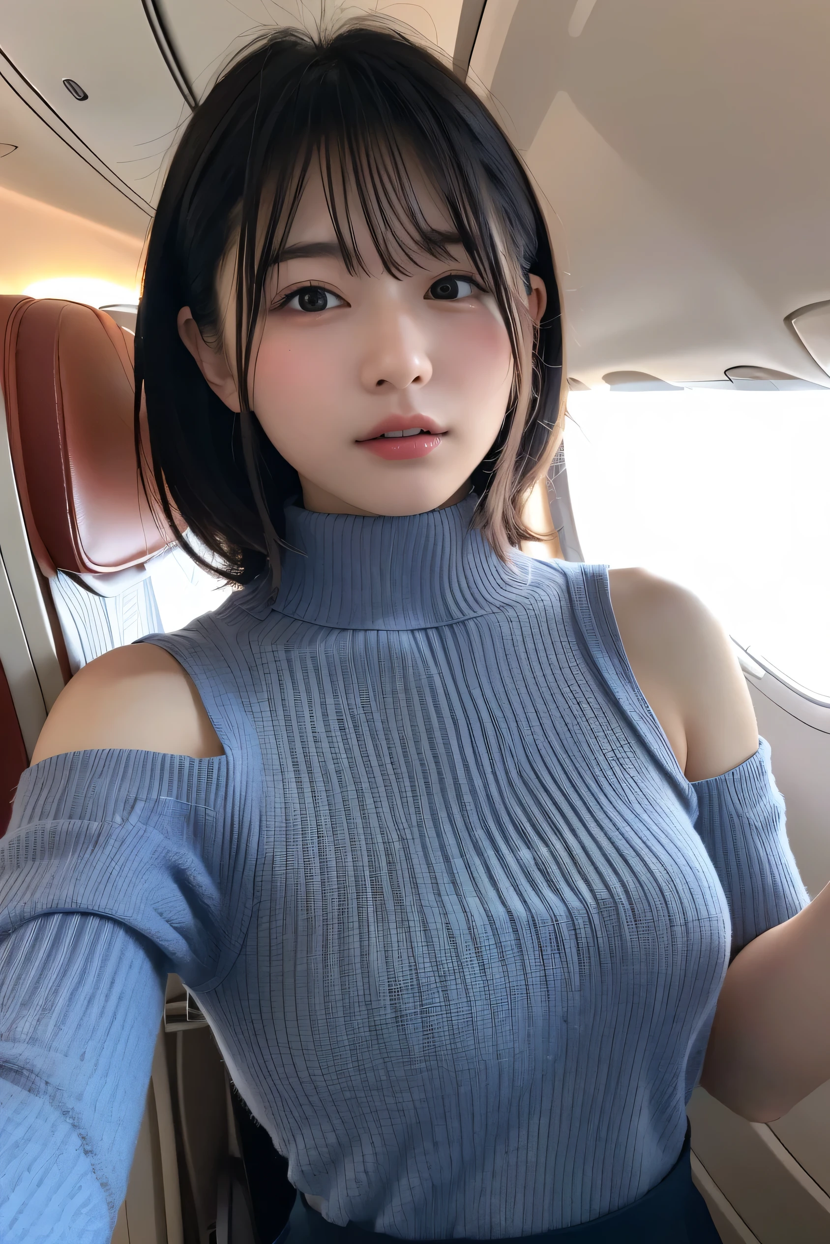 (8k, RAW photo,Best Quality, high resolution:1.1), (超Realisticな:1.4),(Realistic, Realistic:1.3),The beauty of Japan、1 18-year-old Japanese girl , skinny Japan lady, Beautiful Face, Symmetrical eyes, small breasts, Thin Waist, Perfect body proportions, ( stewardess uniform, Turtleneck:1.3), Viewer Perspective, (In-flight: 1.2), Front View, Shoulder jump, Absolute territory (1.3),(( upper body:1.3))、Put your hands behind your back,clear、Idol、j-pop,k-pop,