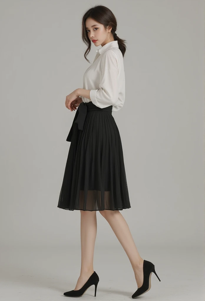  Beautiful stylist Young woman , Slander Legs , Korean actress face, long legs, detailed face ,   Beautiful Eyes, Beautiful Lips ,  A midi-length, black pleated skirt, tied at the waist with a wrap-style tie.  The skirt has a distinct pleated design, falling in soft folds from the waist to the hem.  The skirt is positioned in a three-quarter profile view, with the model's legs and part of their footwear visible at the bottom. The skirt is centered in the frame and the model is facing to the right of the image, with their body angled slightly towards the viewer.  The overall perspective is a slightly elevated, product-style shot.  The lighting is soft and even, casting no significant shadows or highlights, which accentuates the fabric's texture. The background is a light gray, which contrasts effectively with the dark skirt. The style is modern and minimalist, with a focus on clean lines and a structured, formal silhouette, high heels.