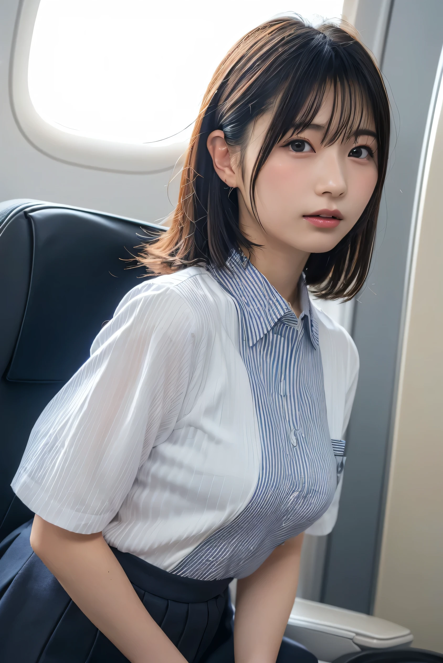 (8k, RAW photo,Best Quality, high resolution:1.1), (超Realisticな:1.4),(Realistic, Realistic:1.3),The beauty of Japan、1 18-year-old Japanese girl , skinny Japan lady, Beautiful Face, Symmetrical eyes, small breasts, Thin Waist, Perfect body proportions, ( stewardess uniform,suit:1.3), Viewer Perspective, (In-flight: 1.2), Front View, Shoulder jump, Absolute territory (1.3),(( upper body:1.3))、Put your hands behind your back,clear、Idol、j-pop,k-pop,