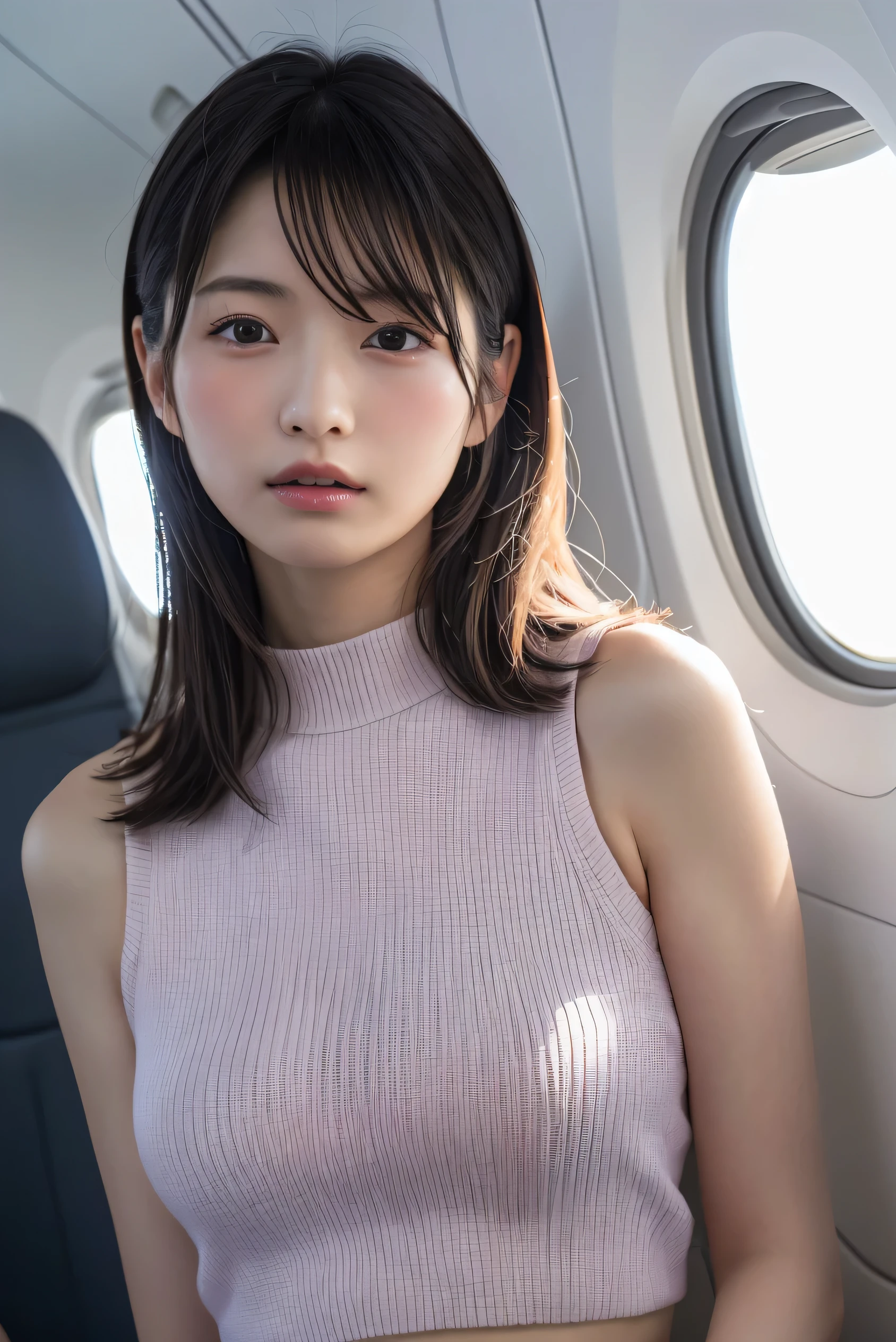 (8k, RAW photo,Best Quality, high resolution:1.1), (超Realisticな:1.4),(Realistic, Realistic:1.3),The beauty of Japan、1 18-year-old Japanese girl , skinny Japan lady, Beautiful Face, Symmetrical eyes, small breasts, Thin Waist, Perfect body proportions, ( stewardess uniform:1.3), Viewer Perspective, (In-flight: 1.2), Front View, Shoulder jump, Absolute territory (1.3),(( upper body:1.3))、Put your hands behind your back,clear、Idol、j-pop,k-pop,