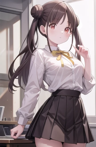  what I really want, Chiyoko Sonoda, Brown Hair, (red eyes:1.5), Hair Bun, Long Hair,  Double Bang,  side lock,
break brown skirt, button, collared shirt, dress shirt, miniskirt, neck ribbon, Check pattern, Check pattern skirt, pleated skirt, ribbon,  school uniform , shirt, skirt, white shirt, yellow ribbon,
break indoors, classroom,
break looking at viewer,  cowboy shot,
break (masterpiece:1.2), Best Quality,  high resolution,  Unity 8k wallpaper, (Illustration:0.8), ( beautiful detailed eyes:1.6),  extremely delicate face,  Full Photo, extremely detailed CG, (Perfect hands,  perfect anatomy),, big chest、