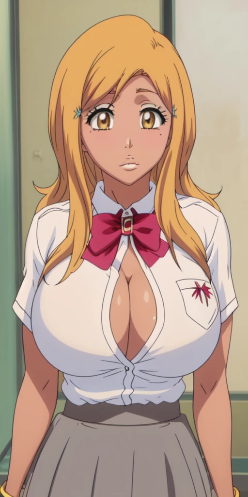 Orihime Inoue,Bleach artstyle,Big breast,Enchanted big breast,Tanned skin,Thick lips,Eyelash,heart shaped necklace,Circle piercing in lips,((((loose White shirt school uniform)))),Cleavage,(((short gray skirt)))Curvy figure,Plump,Hoopa bracelet,Long nail,Side burn visible,look at viewer,(((yellow blond color hair))),((head facing front)),High quality,Highres,Humongous big breast,Ear visible,Big cleavage,light blush,Stud earring,A lot of piercing,Omitted Side locks hair,Heart shape earring,Hyper Detail,TANNED SKIN,Brown Skin,((tanned Gyaru)),Crossing arm,((Messy Blunt bang)),Messy wavy hair,Detailed lips,Colorless lips,puckered lips,Unbutuon collar