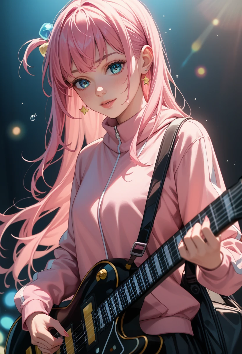 Hitori Goto,Goto alone、guitar performance、guitar live、Cinema lighting、 Long Pink Hair、Pink jersey、Playing guitar、Guitar playing、psychedelic mood、Dramatic lighting、