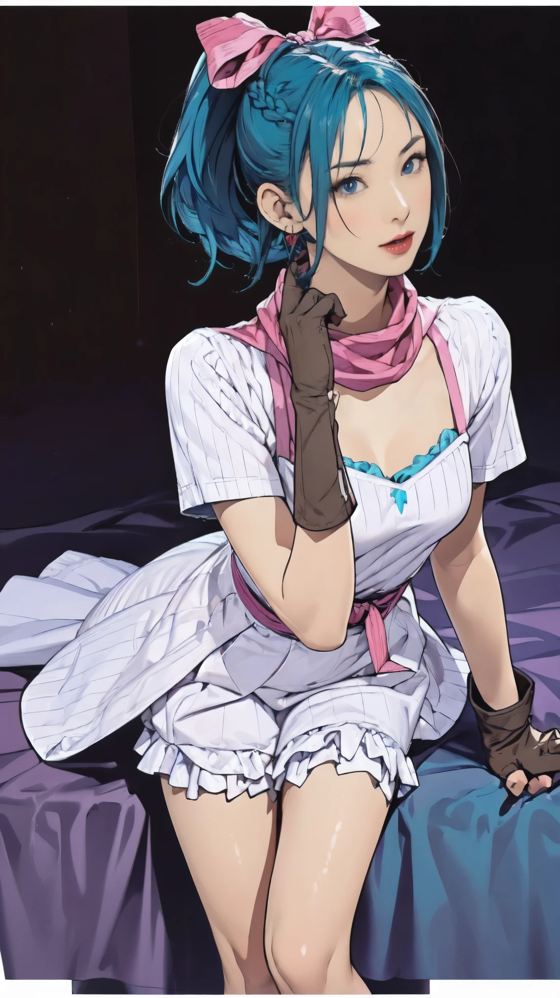 (masterpiece, highest quality), 1 girl, Bloomers, 1 girl, Alone, blue eyes , blue hair, aqua hair , single braid, braided ponytail, hair ribbon, red ribbon, hair bow, earrings,, Short dress, pink dress, Vertical striped dress, Short sleeve, belt, clothes writing, brown gloves , One-handed gloves, Purple scarf,