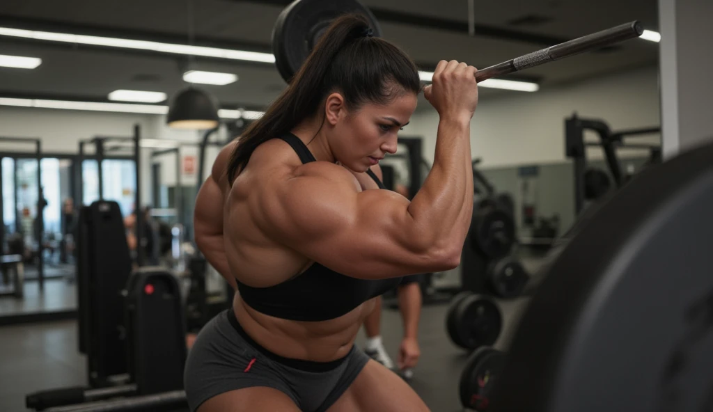 48-year-old Latina woman in a modern gym with large mirrors and weight equipment in the background, wearing an ultra-tight, short black tank top with a deep V-neckline that enhances her muscular chest and reveals her defined abs and obliques, high-waisted dark gray lycra shorts that hug her rounded glutes and thick, well-defined thighs, black and white sports shoes, her jet-black hair tied up in a high ponytail, performing bicep curls with a heavy barbell, executing the movement with precision, as she lifts the barbell towards her chest, her massive biceps contract, showcasing the definition of each muscular fiber, maintaining a straight posture and steady shoulders, the image is captured from a low angle, emphasizing her muscular and powerful physique, making her biceps and legs appear even more impressive while reflecting her determination in the mirror, her deeply tanned skin has a light sheen of sweat that accentuates her firm, well-sculpted muscles, her expression is intense with focus, her dark eyes locked on her own reflection, monitoring her technique and each muscular contraction, her mature, attractive face has high cheekbones and a strong jawline, with thick, arched eyebrows, and full lips in a soft shade contrasting with her fierce expression, her powerful and confident presence commands attention in the gym, embodying strength and discipline.

