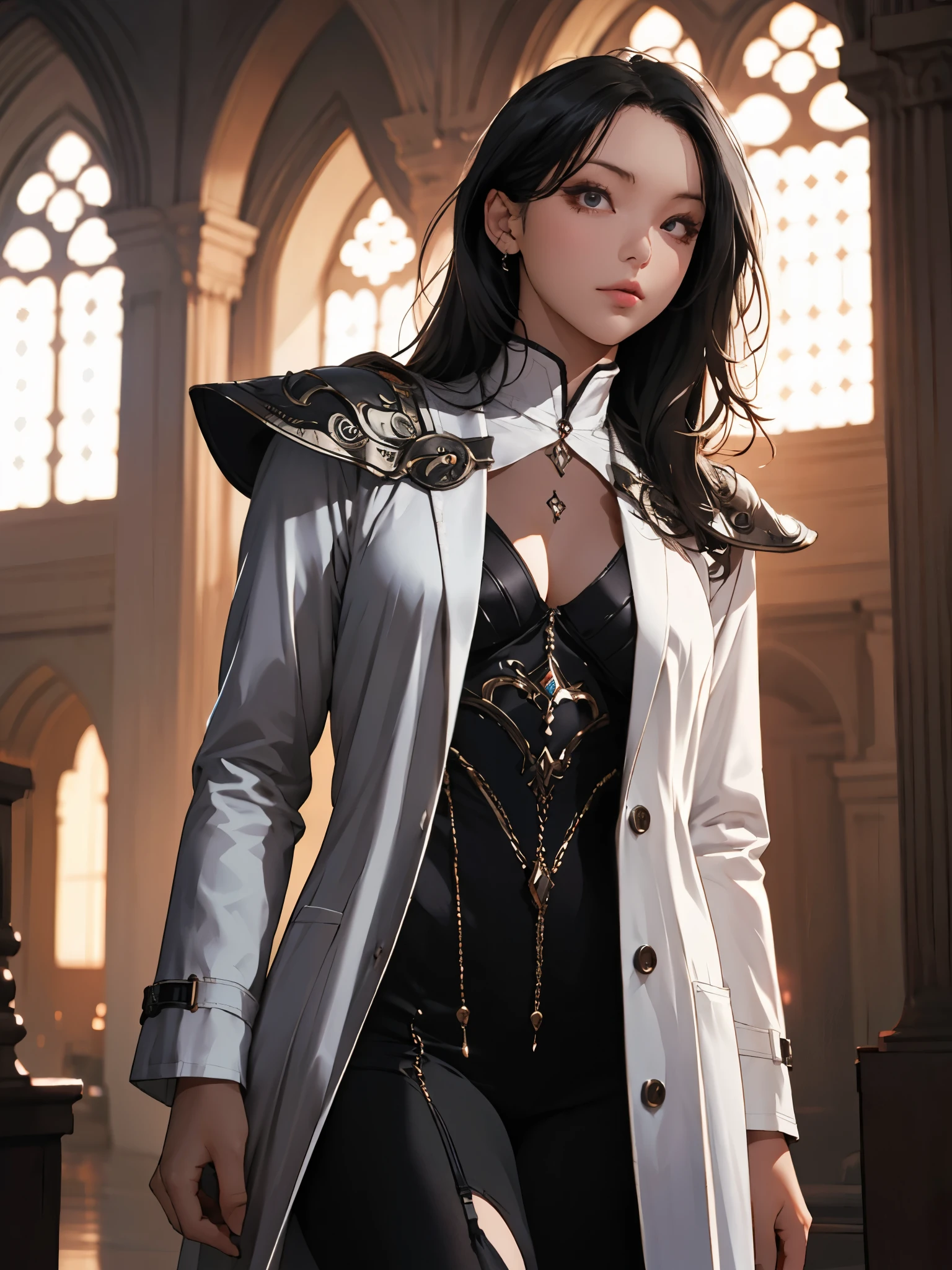 girl, reinforced cyber masquerade, ambience lighting, long hair, shoulder guard, intricate design and pattern, breasts, detailed face, detailed eyes, beautiful, cinemitc lighting, high quality, straight hair, black hair, white lab coat, black stocking, photorealistic,