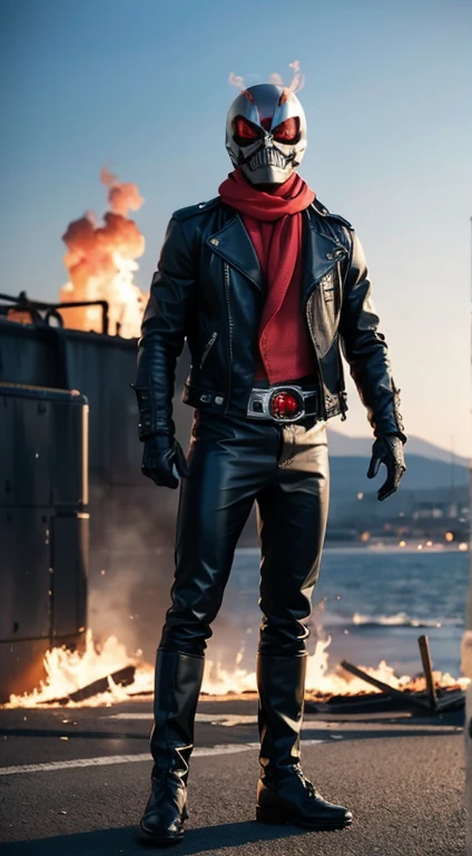 ((kamen rider, shinkr, ghostrider, wearing leather jacket, leather pants)), (burning head), kamen, (standing), full body detailed, detailed hands, good fingers, good hands, good legs, red scarf, low hood, ((epic burning city)), ruins, floating, explosion, debris, some fire and glitter background, ultra hd, ultra realistic texture, (flare lens:1.2), (long shot:0.9)