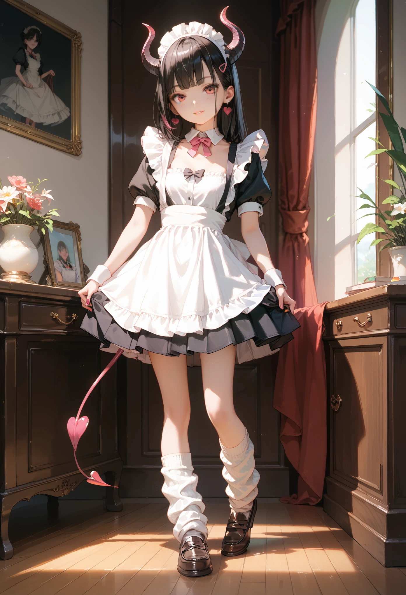 Score_9,Score_8_up,Score_7_up,highest quality anime,masterpiece,1 succubus girl,slim,small breasts,(Ideal slender proportions),(maid costume,loose socks,loafers),standing