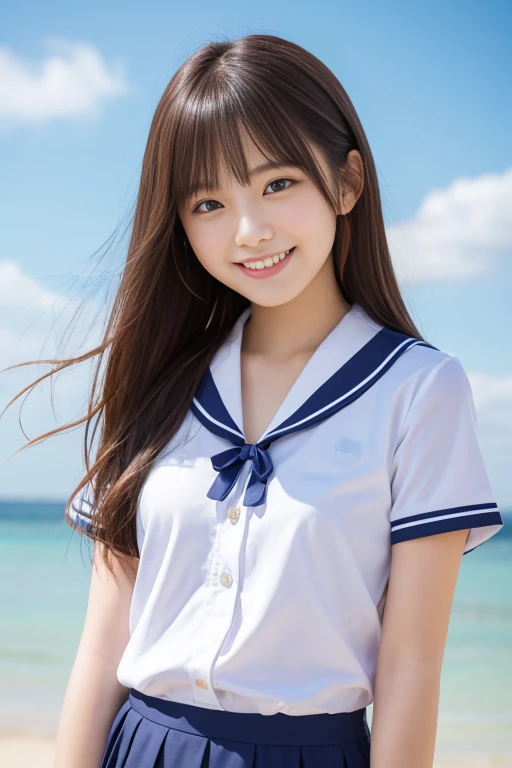 High quality masterpiece, 8k, ,   Japanese Girls,  RAW photo,      Winner portrait smile face, 笑face, Alone, uniform, Summer Clothes Idol&#39;face, violet, Gardenia, Delicate girl,        long black hair    , Dark Eyes, Upper body digital SLR, Frank, Sophisticated,  Thin arms,         Perfect for professional writing   ,   chromatic ablation   , (Details of the eye and face: 1.0), (Bokeh button:1.1)