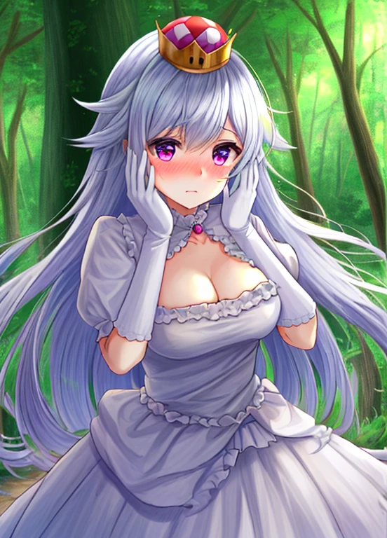 ((Best Quality))、(( very detailed))、masterpiece、Detailed face、Beautiful Face、(Detailed eyes、Deep Eyes)、(One girl)、 cowboy shot、、、 very long hair 、White Hair、White clothes、Elbow gloves、crown、( pink eyes)、(((blush)))、(Dense forest、Forest Canopy )、、twistedscarlett