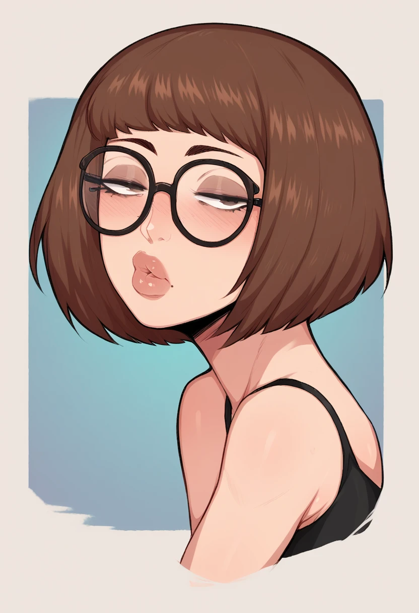 Sexy girl, Bob hair, Brown hair, glasses, lips, half closed eyes, faint face, perfect legs,