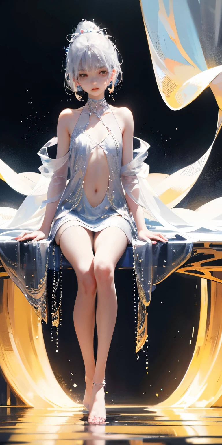 A girl、symmetry,Daughter,whole body female love,Put your hands together and bloom,(Very detailed:1.1),((small :1.2))、The eyes are well drawn、Charming eyes、Double tail、Wear jewelry and pearls around your neck,Transparent openwork、Deep V、Crystal Pearls、在Wear jewelry and pearls around your neck,white hair, show your thighs, Bare shoulders, Show clavicle, Yao Liu, barefoot,((whole body))、painful posture