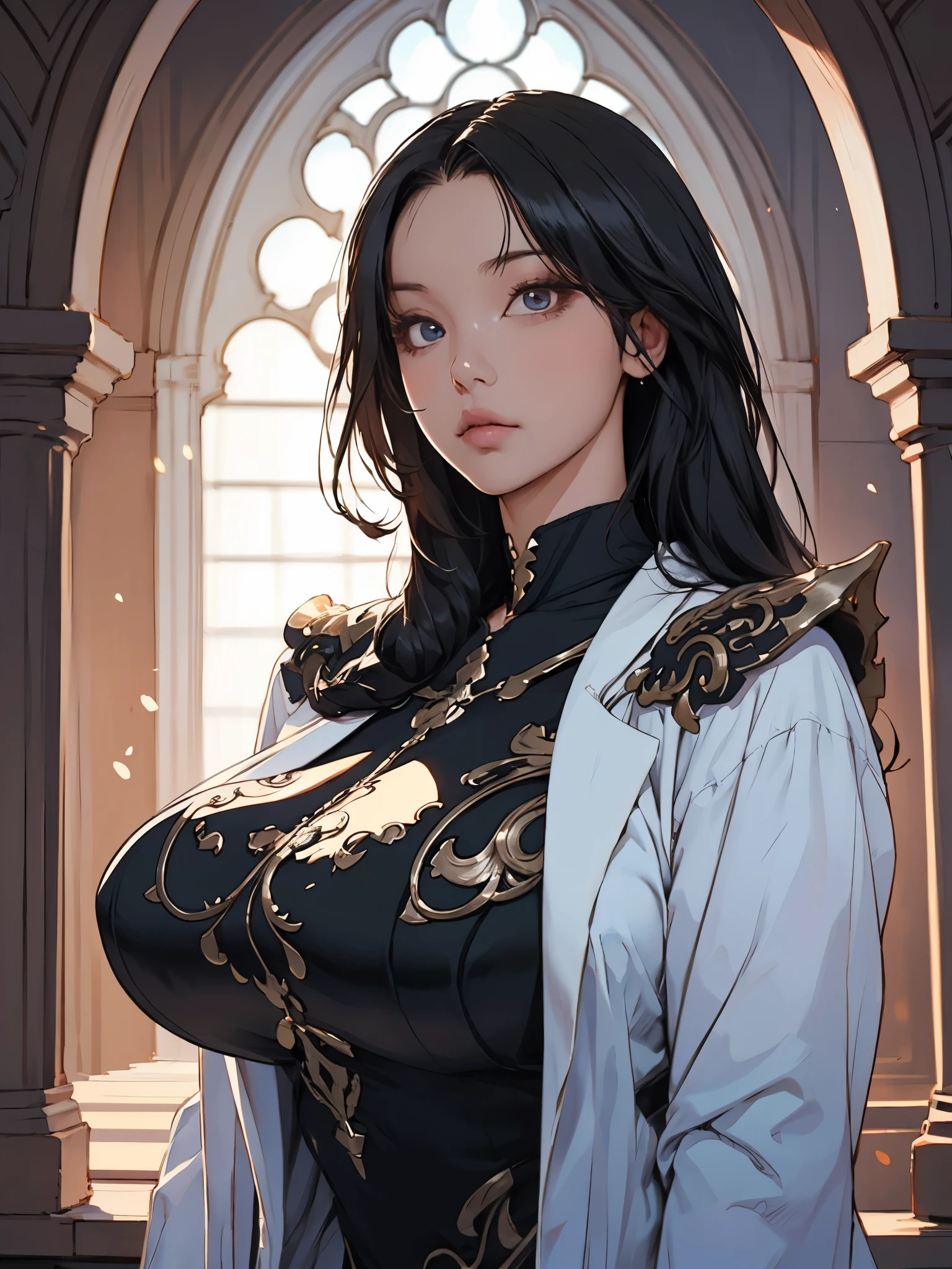 girl, reinforced cyber masquerade, ambience lighting, long hair, shoulder guard, intricate design and pattern, (gigantic breasts:1.2), detailed face, detailed eyes, beautiful, cinemitc lighting, high quality, straight hair, black hair, white lab coat, black stocking, photorealistic,