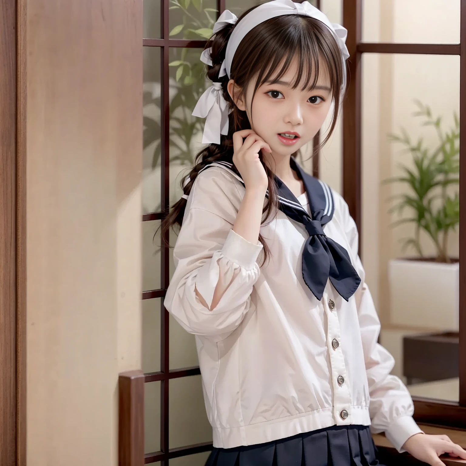  Japanese Women、Schoolgirl、Red scarf、 navy blue sailor suit、 white 3-line sailor suit、Short sailor suit、 short pleated skirt with cross arms、Navy Blue Skirt、white 3-line skirt 、 cute、With bangs、 twin tails、 white headband 、 cute顔、Beautiful Face、Period pain face、Satisfied face、The eyes are double、Big eyes、Eyes are drooping、Drooping eye corners、Long eyelashes、Eyelashes are bristly、Open your mouth、 and open their mouths wide、