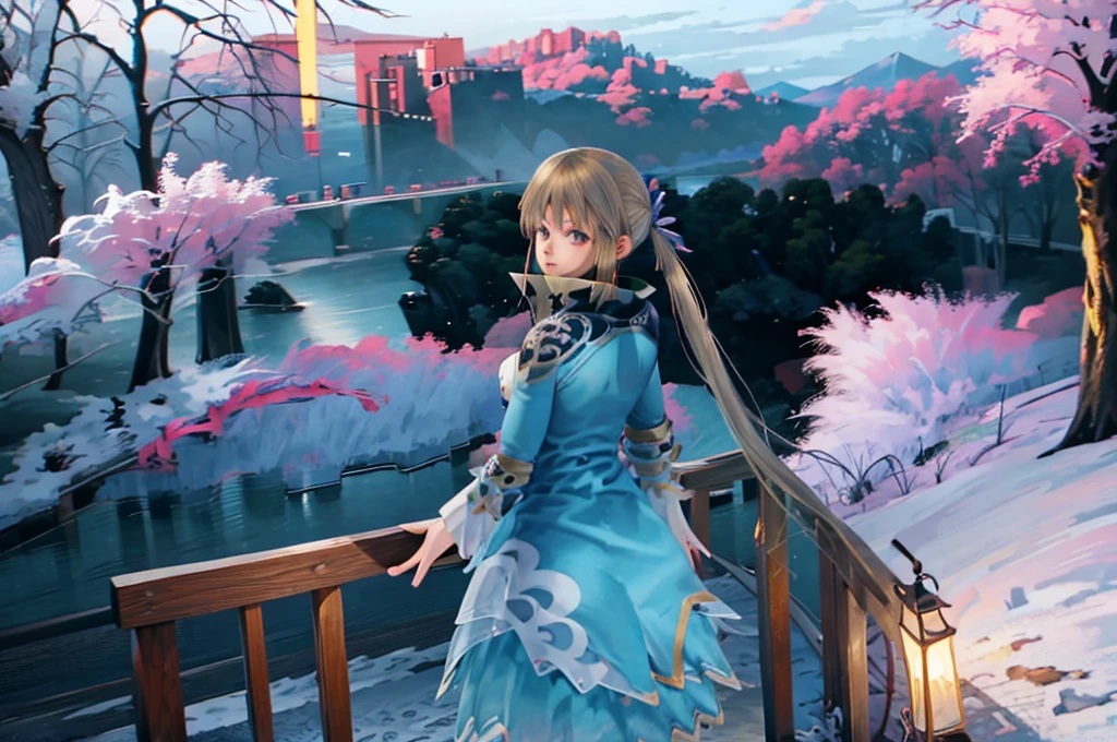 Anime girl 1girl, Solo, Looking at viewer, Smile, Blonde Hair, Braided Ponytail, Smile, Blue eyes, beautiful castle behind