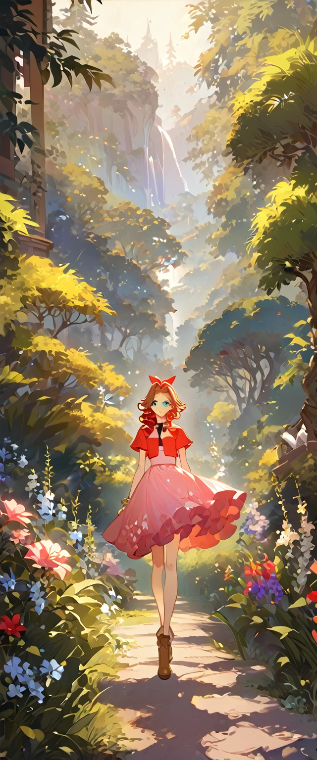 masterpiece, best quality, 8k, 4k, 1girl, aerith gainsborough, brown hair, high middle bang, longer side curly bang, long tight curly ponytail, green eyes, red hair ribbon, red bolero jacket, short sleeve jacket, cropped jacket, black tie choker, long pink straight dress, brown boots, bangles, walking in a garden, flowers, detailed background,, inspired by Asukaziye artist : ask, art style : ask