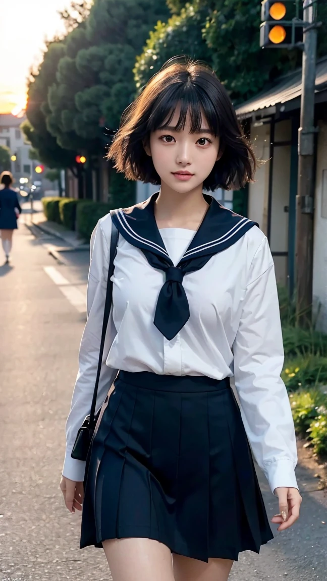 (8K, Raw, Best Quality, Real 1.2), Ultra High Quality, High Resolution, Best Quality, Perfect Face, Perfect Limbs, Perfect Fingers, High Resolution, ((Bust Up Composition: 1.5)), Smiling, Japanese Female, Yellow Skin, ((( Old Female: 1.3))), ((No Makeup: 1.4)), ((Walking Down the Street: 1.5)), ((Talking to the Camera: 1.5)), (Dark Eye Color: 1.1), (((Black Hair))), (((Very Short Hair))), Hair Between the Eyes, Japanese High School Student, (((High School Uniform))), (((Dark Navy Sailor Suit))), Blue Sailor Collar, High School Girl, Sailor Suit, Realistic High School Girl, Navy Blue Long Sleeve Shirt, (((Sailor Collar))), ((Relaxed Face: 1.3)), ((Countryside: 1.5)), Outdoors: 1.5, ((Walking in the street: 1.5)), ((Sunset,: 1.4)), ((Conversation) 1.5)), Perfect figure, Perfect proportions, Nice lighting, Bright colours, Clean lines, Blurred, Stunning expression, Beautiful face and eyes with every detail, (Masterpiece) Beautiful face, Young and handsome girl, Blurred, Stunning expression, Beautiful face and eyes with every detail, (Depth of field), (Depth of field), Soft light, Sparkling lens gaze, (Droopy eyes), Straight teeth, Flowing hair, A scene from Blake's movie,