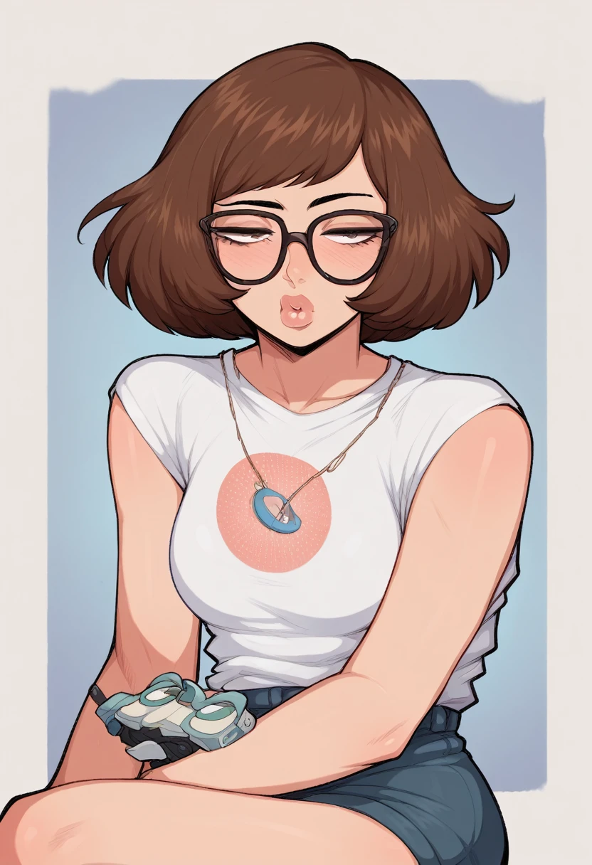 Sexy girl, Bob hair, Brown hair, glasses, lips, half closed eyes, faint face, perfect legs, black leggins, sleevelees White tshirt,