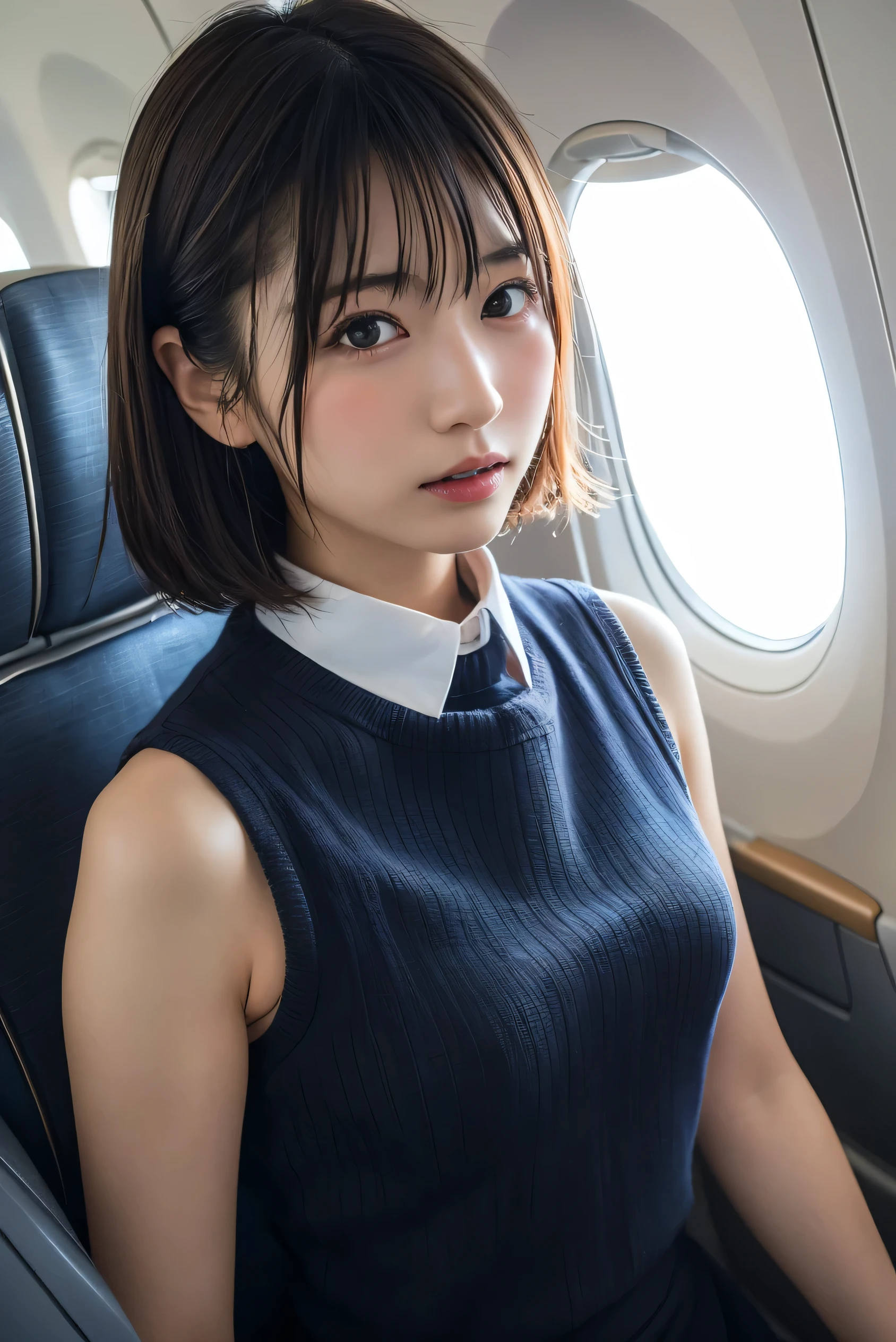 Highest quality, masterpiece, 8k, Ultra-high resolution, (Photorealistic:1.4), One Girl、Beautiful expression、Symmetrical eyes、short hair、huge 、Perfect figure、naked、having sex、Look at the viewers、(Inside the plane:1.2)、View from the front、shoulder、Absolute area(1.3)、Sad、Browsing Caution、Climax、Ecstasy、tears