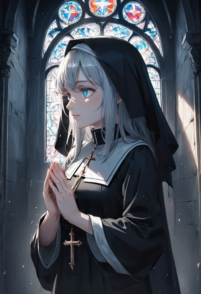 illustration, best quality, 1girl, silver hair, bright light blue eyes, wearing black nun outfit with veil, praying with hands clasped, solemn expression, halo effect above head, dark and eerie atmosphere, ruined church background, broken stained glass, cracked walls, dim and shadowy lighting, eyes glowing softly, gothic and somber mood, sense of desolation and faith