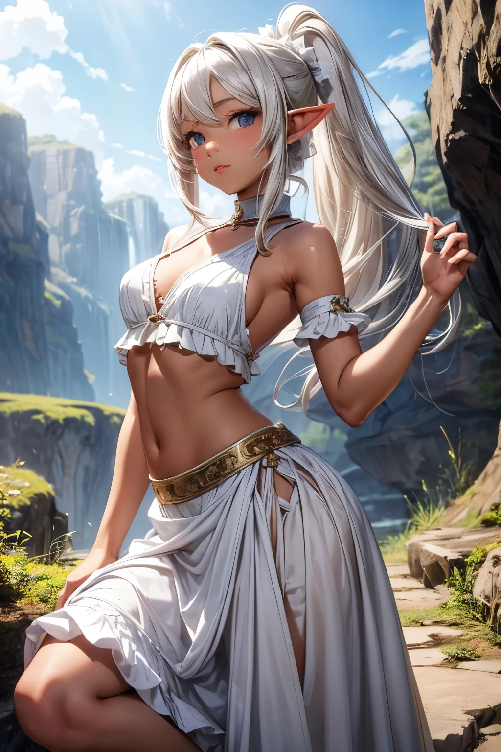 ((Angle from below:1.4、Illuminated from the front))、Beautiful and cute girl、(((Shortcuts、In the background is a waterfall and moss-covered ruins...、Angel Halo、areola is)))、highest quality、ウルトラ - High resolution、High resolution、Highly detailed CG、8k unit wallpaper、27 years old、(((Detailed and beautiful features、Beautiful and beautiful eyes,Very large breasts、Platinum Blonde Hair、Contrast)))、((((((( Dark Skin:2 , Cleavage ,Watery eye)))))))、(Black glossy body:1.8),((Sunburn mark))、((((((loose socks、Sweat、A tattered white bandage was wrapped around his chest..、Tattered white loincloth、Thin fabric、Fluttering in the wind、High heels、Open your knees wide outward、Squat、Touching your hair、Shiny thick bracelet、Masmoarashi))))))、Tight clothing
