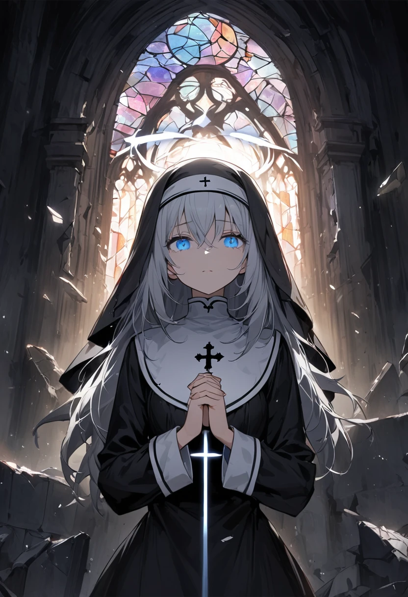 illustration, best quality, 1girl, silver hair, bright light blue eyes, wearing black nun outfit with veil, praying with hands clasped, solemn expression, halo effect above head, dark and eerie atmosphere, ruined church background, broken stained glass, cracked walls, dim and shadowy lighting, eyes glowing softly, gothic and somber mood, sense of desolation and faith