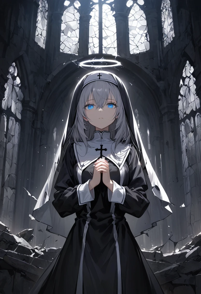 illustration, best quality, 1girl, silver hair, bright light blue eyes, wearing black nun outfit with veil, praying with hands clasped, solemn expression, halo effect above head, dark and eerie atmosphere, ruined church background, broken stained glass, cracked walls, dim and shadowy lighting, eyes glowing softly, gothic and somber mood, sense of desolation and faith