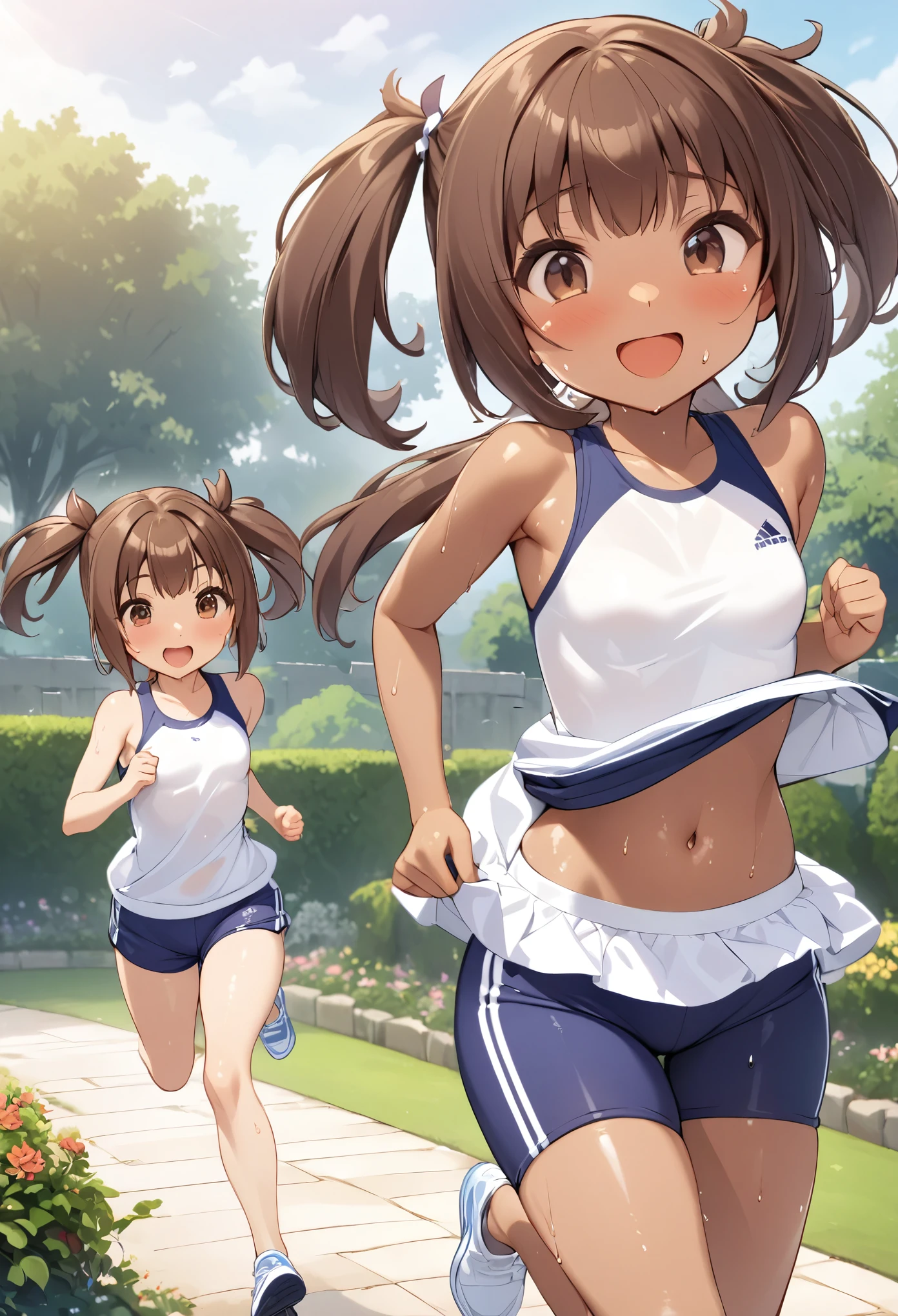 Viewer discretion advised、Best Quality、ender body、Small breasts、Shiny brown hair、 Short Twin Tails、 Brown Eyes 、 glossy skin、White gym clothes、Navy blue bloomers、smile、 one girl、garden、 running、sweat