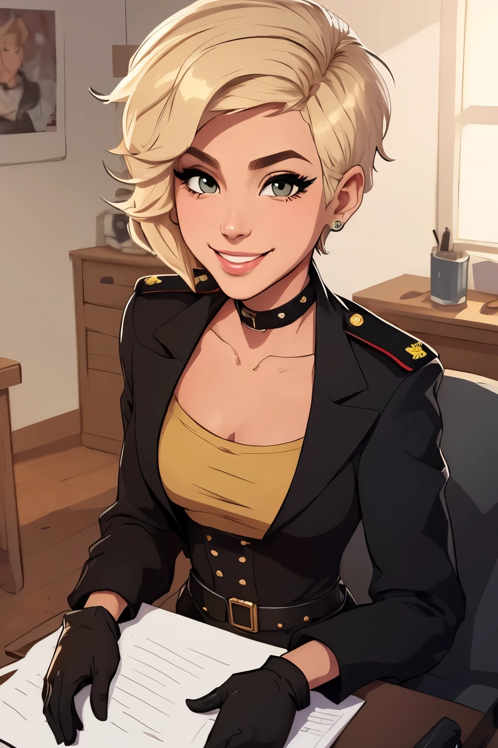 spiky bald hairstyle, short hair, mexican tan skin, gloves, black uniform military, 1girl ,blond hair, ((hair cut super short,)), soft Brown eyes, smile lips,