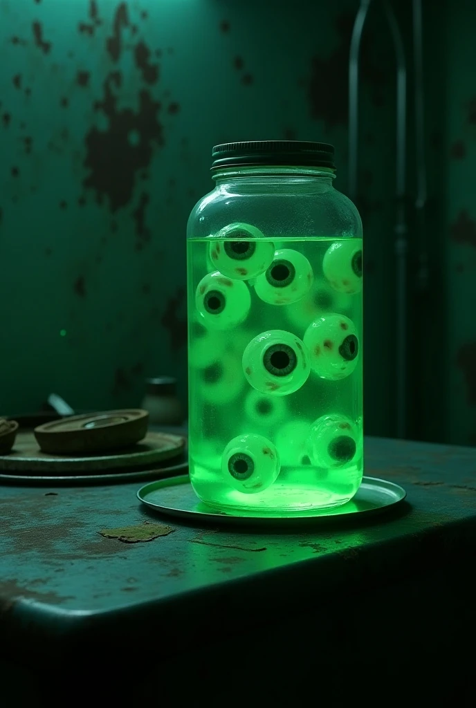 "A highly realistic, hyper-detailed scene of a transparent glass jar filled with lifelike, unsettling human-like eyes floating in a thick, fluorescent green liquid that emits an eerie, toxic glow. The jar is placed prominently on a corroded, grimy metal table in a dark, abandoned operating room. The room shows heavy decay: broken surgical instruments, rusted trays, and walls covered in peeling paint and mold. Dim, moody lighting casts deep shadows across the scene, drawing focus to the jar, softly illuminated to emphasize its haunting presence. Reflections shimmer on the glass surface, with the green glow illuminating the texture of the eyes, enhancing the abandoned, chilling atmosphere."