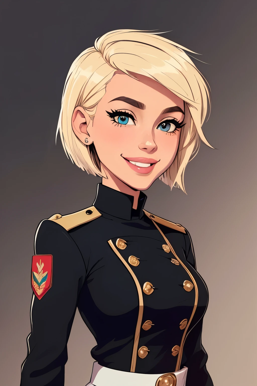 One beautiful girl, spikey short hairstyle, short hair, mexican tan skin, gloves, black uniform military, she has blond hair, ((hair cut super short,)), she has soft Brown eyes, smile lips,