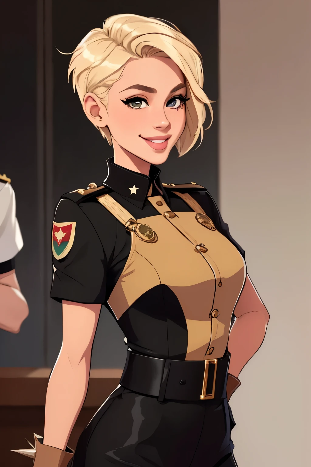 One beautiful girl, spikey short hairstyle, short hair, mexican tan skin, gloves, black uniform military, she has blond hair, ((hair cut super short,)), she has soft Brown eyes, smile lips,