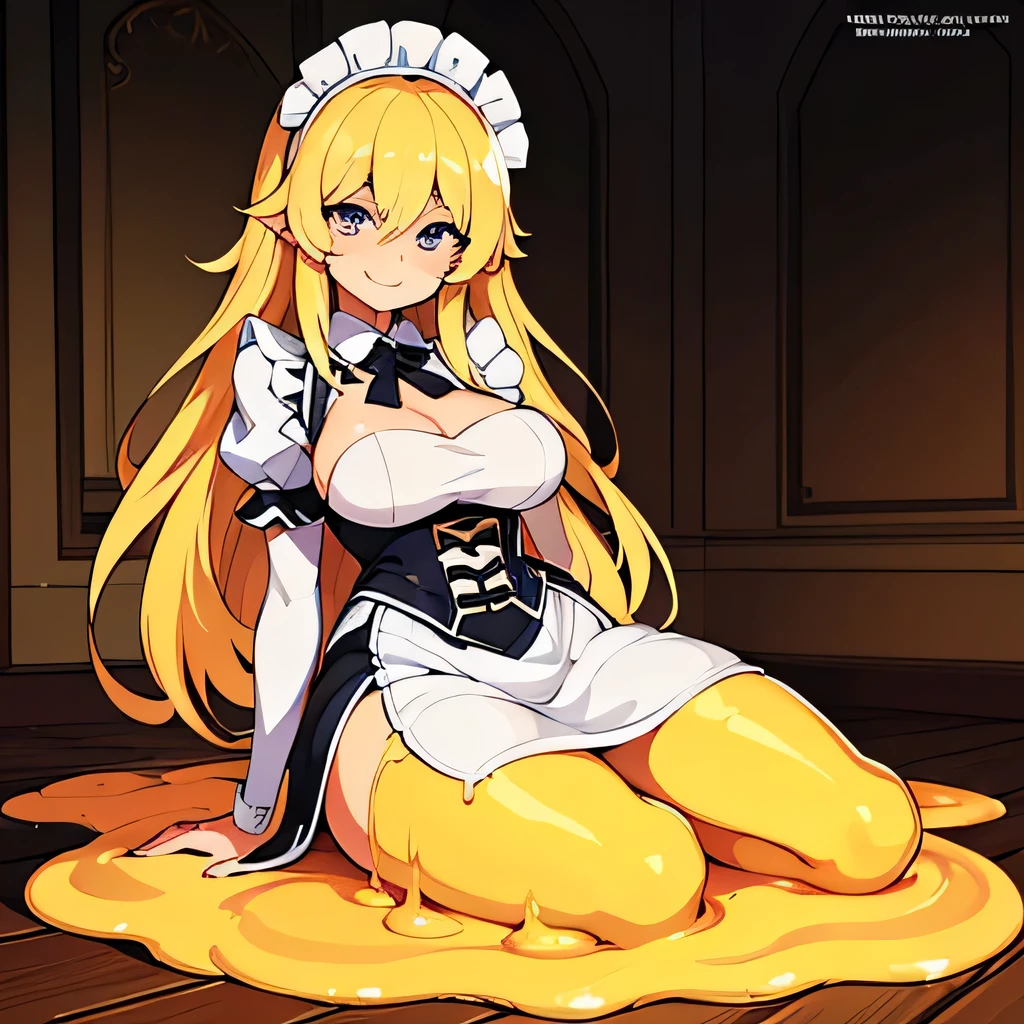 ((((masterpiece, best quality ,Ultra delicate, perfect face,detailed face,Detailed eyes,16k,high resolution)))),((golden long hair,high viscosity golden slime body:1.3,very cute light golden slime girl, Melting below the legs:1.7,Best Anime,melting body)), ,( 1 girl),Large Breasts,( Maid Costume ,cute smile:1.4),full body shot,indoor,