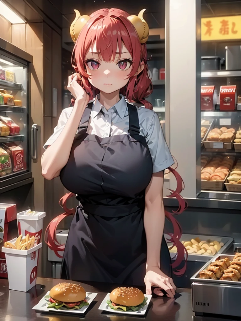 (​masterpiece、top-quality、hight resolution、Unity 8k、extremely details CG:1,Best Picture), ilulu, "A woman with a tired, unenthusiastic expression serving customers at a burger counter. She’s dressed in a fast-food uniform and moves with efficiency, placing items on a tray quickly, despite her uninterested gaze. The background shows a typical fast-food restaurant with bright, overhead lighting."