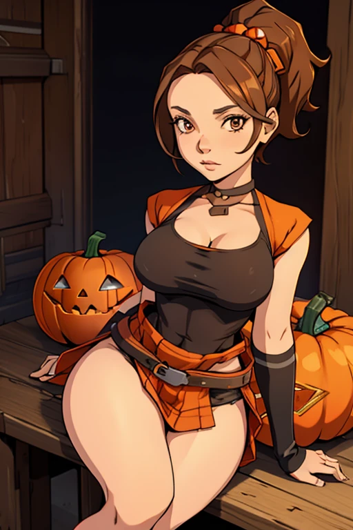 Jo-Beth, beautiful girl sitting on a helloween pumpkin, wearing short revealing  dress, anime art style, brown hair, round breasts, slim waist, wide hips, thighs 