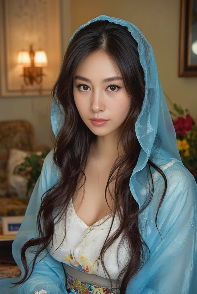 Mother of Jesus, With black hair and green eyes , Light brown skin, Wearing a light blue robe, And the sky blue veil,  brings a calm and peaceful expression (whole body) Near the window, Under the moonlight (Grand and realistic)