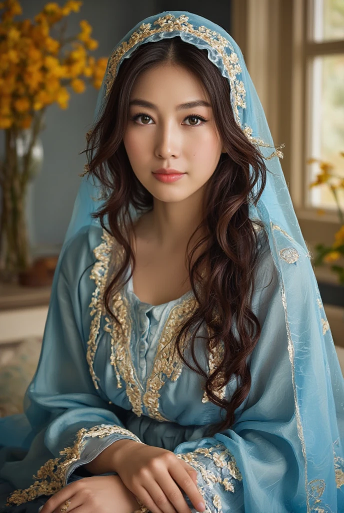 Mother of Jesus, With black hair and green eyes , Light brown skin, Wearing a light blue robe, And the sky blue veil,  brings a calm and peaceful expression (whole body) Near the window, Under the moonlight (Grand and realistic)